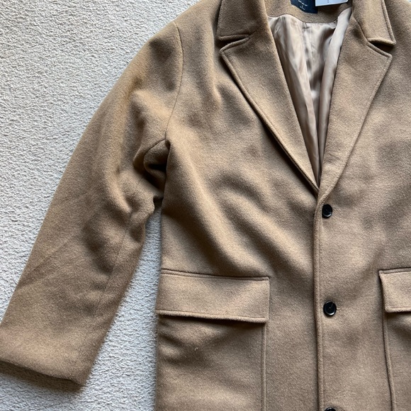 Abercrombie & Fitch Men Wool Blend Topcoat Top Mac Coat Jacket Tan Camel Beige L - Picture 5 of 14
